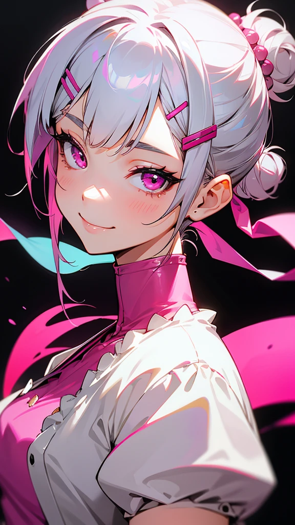 1 Girl、Anime Style、Short silver bob hair tied in a bun with a hair clip、Pink Eyes、Sophisticated and powerful appearance、exotic、Hilarious、smile、Grunge Costumes、Colorful colors、Side body、Upper body close-up、