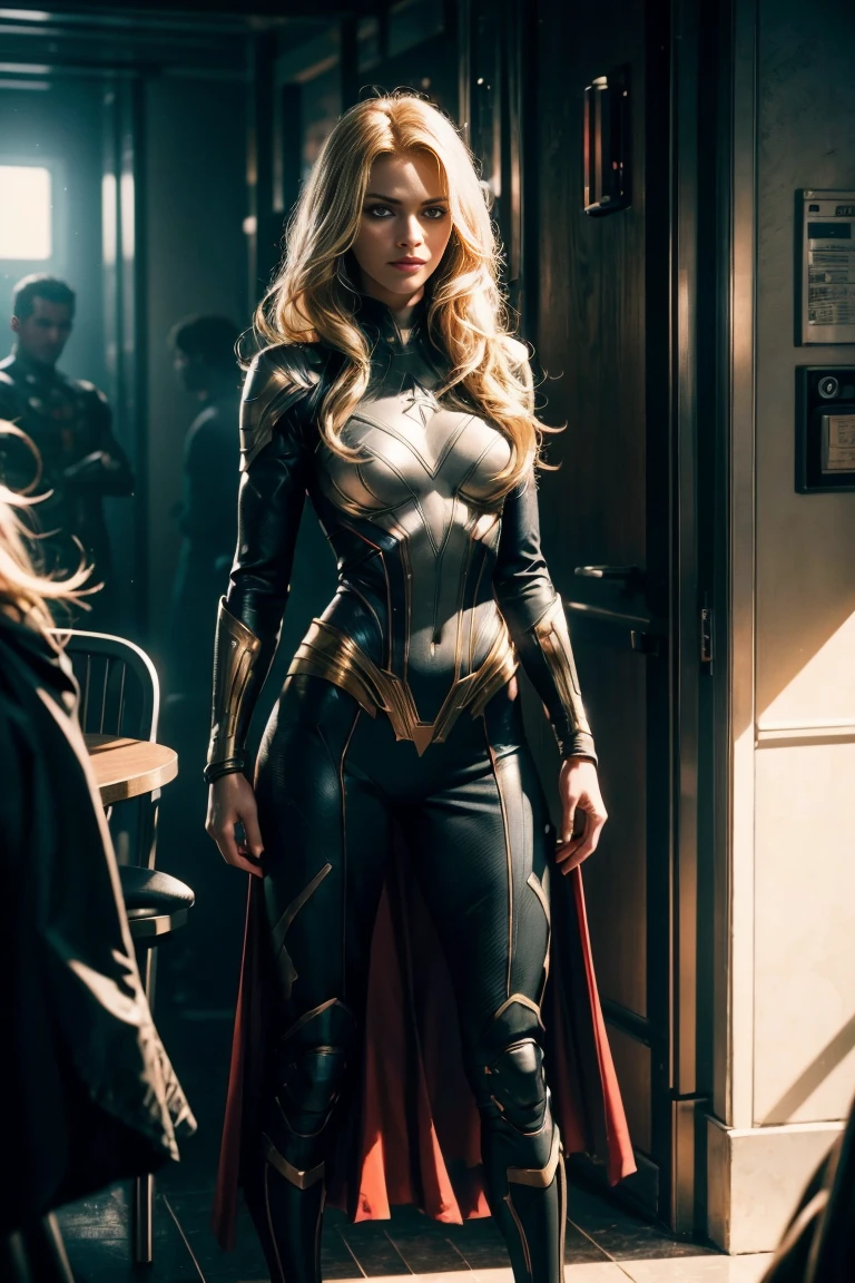 Full body shot Create an ultra-detailed, high-quality CG illustration of a gorgeous blonde superhero. The image should be a close-up headshot, featuring her in a full-body superhero suit. She has long, straight blonde hair and a slender face with smooth skin, no acne or freckles. The setting captures her with cinematic lighting, including lens flare and ray tracing to enhance the realism and depth of field. The image is to be captured as if using a Sony A7R IV with an 85mm lens, aiming for a realistic 8K UHD resolution. The superhero suit is marvel-themed, with intricate details and a medium breast size. The texture should be highly detailed, reflecting high-quality shadows and soft lighting, akin to professional photography with a 150mm lens. Include elements like film grain to give a cinematic feel