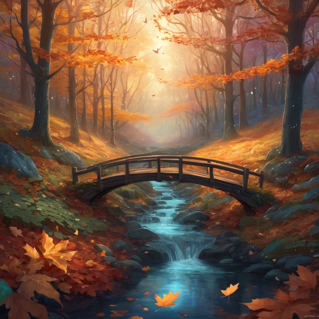 Create an incredibly amazing and fantastical image inspired by "Autumn Leaves." Imagine a serene forest during the peak of autumn, where the trees are ablaze with vibrant shades of red, orange, and yellow. The scene is set during the golden hour, with the setting sun casting a warm, golden glow over the landscape, enhancing the colors of the leaves.
In the foreground, a clear, sparkling stream winds its way through the forest, reflecting the colorful canopy above. The forest floor is covered in a thick carpet of fallen leaves, creating a soft, rustling sound as a gentle breeze sweeps through the scene.
Among the trees, whimsical, magical creatures are frolicking. Perhaps there are fairy-like beings with wings made of autumn leaves, their delicate forms glowing with a soft, ethereal light. Small woodland animals, such as squirrels and deer, are playfully interacting with the fairies, adding to the enchanting atmosphere.
In the background, an ancient, majestic tree stands tall, its trunk twisted and gnarled with age. This tree is adorned with luminous, bioluminescent fungi and vines that glow faintly in the fading light. A wooden bridge arches over the stream, leading to a hidden path that disappears into the depths of the forest, inviting the viewer to imagine the mysteries that lie beyond.
The color palette should be rich and warm, with the reds, oranges, and yellows of the leaves contrasted by the cool blues and purples of the shadows. Use detailed, flowing lines to capture the intricate beauty of the leaves and the whimsical charm of the magical creatures.
The entire image should evoke a sense of wonder, tranquility, and the magical beauty of autumn, creating a truly unique and captivating masterpiece.