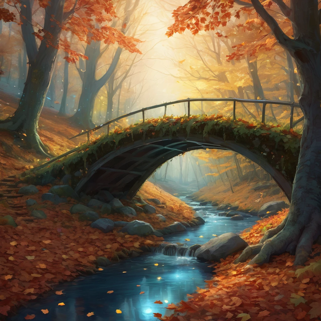 Create an incredibly amazing and fantastical image inspired by "Autumn Leaves." Imagine a serene forest during the peak of autumn, where the trees are ablaze with vibrant shades of red, orange, and yellow. The scene is set during the golden hour, with the setting sun casting a warm, golden glow over the landscape, enhancing the colors of the leaves.
In the foreground, a clear, sparkling stream winds its way through the forest, reflecting the colorful canopy above. The forest floor is covered in a thick carpet of fallen leaves, creating a soft, rustling sound as a gentle breeze sweeps through the scene.
Among the trees, whimsical, magical creatures are frolicking. Perhaps there are fairy-like beings with wings made of autumn leaves, their delicate forms glowing with a soft, ethereal light. Small woodland animals, such as squirrels and deer, are playfully interacting with the fairies, adding to the enchanting atmosphere.
In the background, an ancient, majestic tree stands tall, its trunk twisted and gnarled with age. This tree is adorned with luminous, bioluminescent fungi and vines that glow faintly in the fading light. A wooden bridge arches over the stream, leading to a hidden path that disappears into the depths of the forest, inviting the viewer to imagine the mysteries that lie beyond.
The color palette should be rich and warm, with the reds, oranges, and yellows of the leaves contrasted by the cool blues and purples of the shadows. Use detailed, flowing lines to capture the intricate beauty of the leaves and the whimsical charm of the magical creatures.
The entire image should evoke a sense of wonder, tranquility, and the magical beauty of autumn, creating a truly unique and captivating masterpiece.