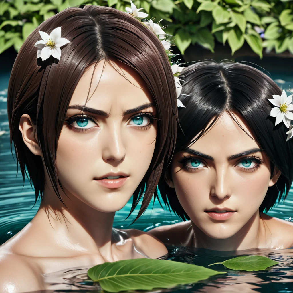 Ultra detailed, highres, absurdres, HDR, Eren Jeager, turquoise eyes, brown hair, Mikasa Ackerman, black hair, grey eyes, Shingeki No Kyojin, flowers, petals, green leaves, water, 1 man together with 1 woman as a couple, handsome, very detailed face and eyes,