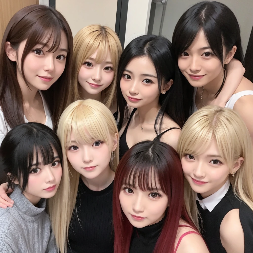 Highest quality、Real People、Japanese 3-person idol group、cute、The one on the left is blonde、The girl in the center has black hair、The one on the right has red hair