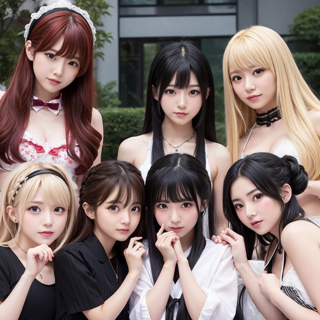 Highest quality、Real People、Japanese 3-person idol group、cute、The one on the left is blonde、The girl in the center has black hair、The one on the right has red hair