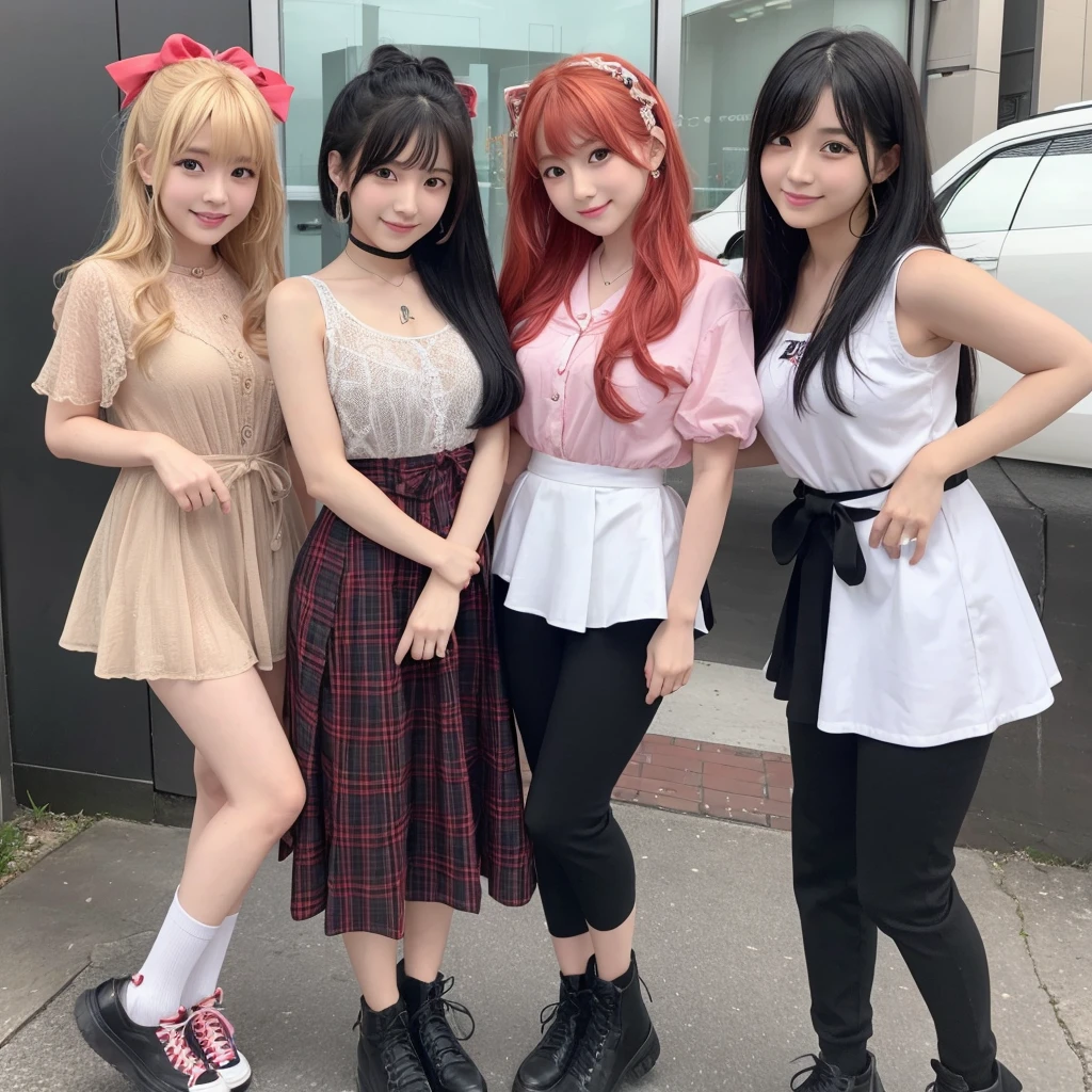 Highest quality、Real People、Japanese 3-person idol group、cute、The one on the left is blonde、The girl in the center has black hair、The one on the right has red hair