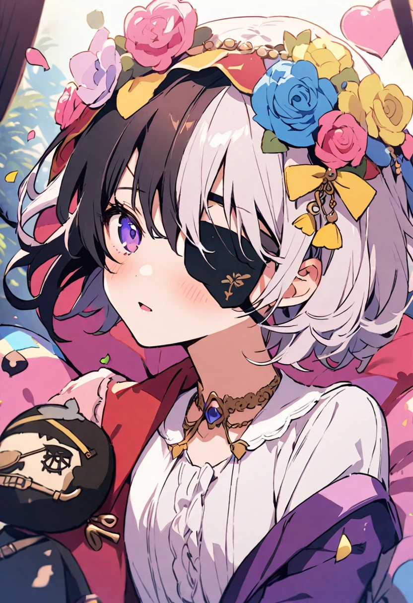 masterpiece, Highest quality, Illustration of the novel, High resolution, 18+ Adult content, Sensual, Intimate, Emotional, Passionate, romantic, sweet, Adorable, Innocent, Pure, Charmな, Charmな, Charm, mysterious, Charmな, Charmな, Immersive, Charmな, dream-like, Surreal, Imaginative, Whimsical, Artistic, Avant-garde, timeless, elegant, Sophisticated, chic, Sophisticated, personality, original, Charmな,((Loli Pirate:1.3)),((Eye patch:1.3))、Upper Body