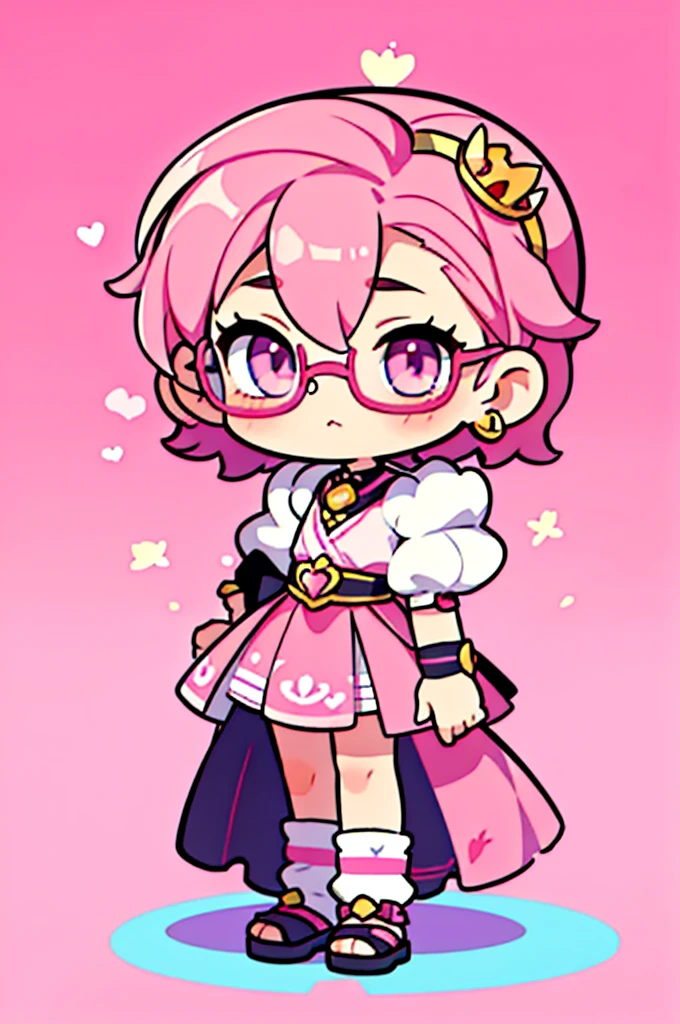 1 person , man ,Short haircut ,cartoon girl with pink hair and glasses wearing a crown, ((pink)), Official fan art, The delicate androgynous prince, anime moe art style, cute art style, Chibi style, 🍁 cute, Kawaii Chibi, ❤🔥🍄🌪, Chibi Art, Fan Art Demon Slayer Rui, cute character, Maple character art, High quality fan art