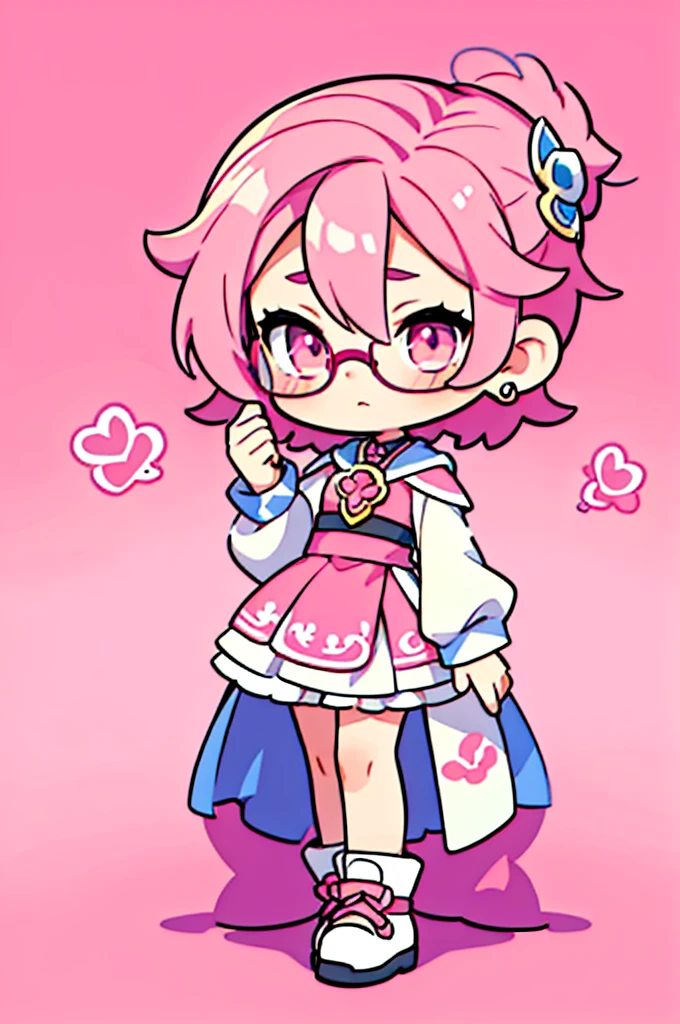 1 person , man ,Short haircut ,cartoon girl with pink hair and glasses wearing a crown, ((pink)), Official fan art, The delicate androgynous prince, anime moe art style, cute art style, Chibi style, 🍁 cute, Kawaii Chibi, ❤🔥🍄🌪, Chibi Art, Fan Art Demon Slayer Rui, cute character, Maple character art, High quality fan art