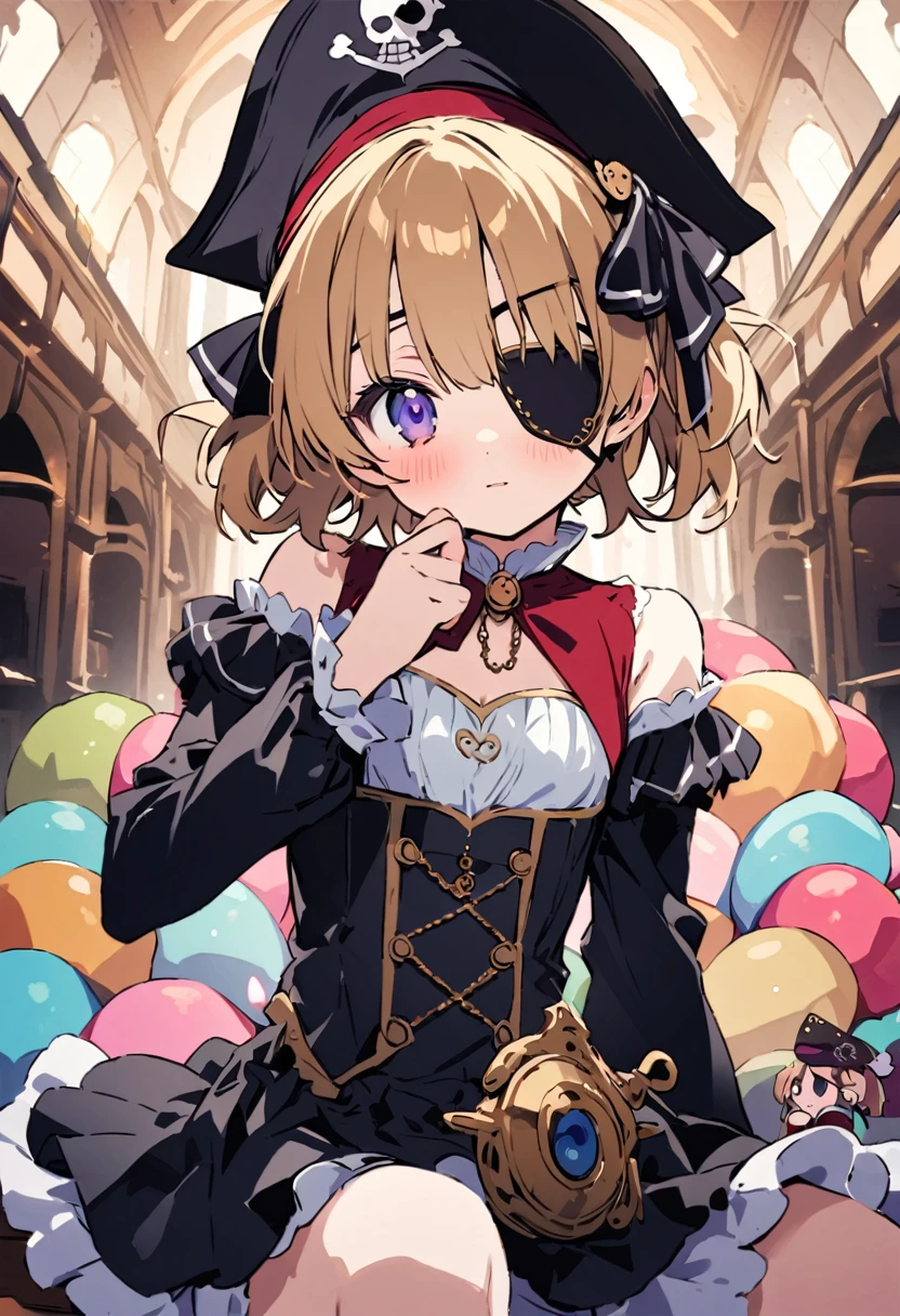 masterpiece, Highest quality, Illustration of the novel, High resolution, 18+ Adult content, Sensual, Intimate, Emotional, Passionate, romantic, sweet, Adorable, Innocent, Pure, Charmな, Charmな, Charm, mysterious, Charmな, Charmな, Immersive, Charmな, dream-like, Surreal, Imaginative, Whimsical, Artistic, Avant-garde, timeless, elegant, Sophisticated, chic, Sophisticated, personality, original, Charmな,((Loli Pirate:1.3)),((Eye patch:1.3))、Upper Body、(Little)