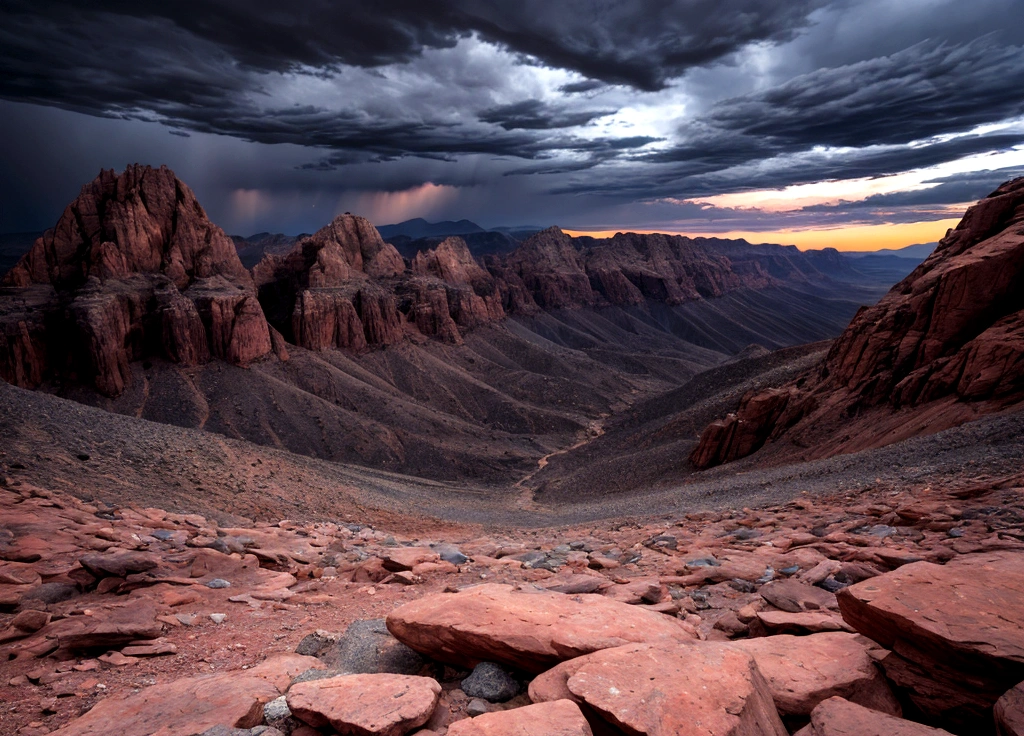 large arid dark rock mountains, dark sky day, hd image, epic image