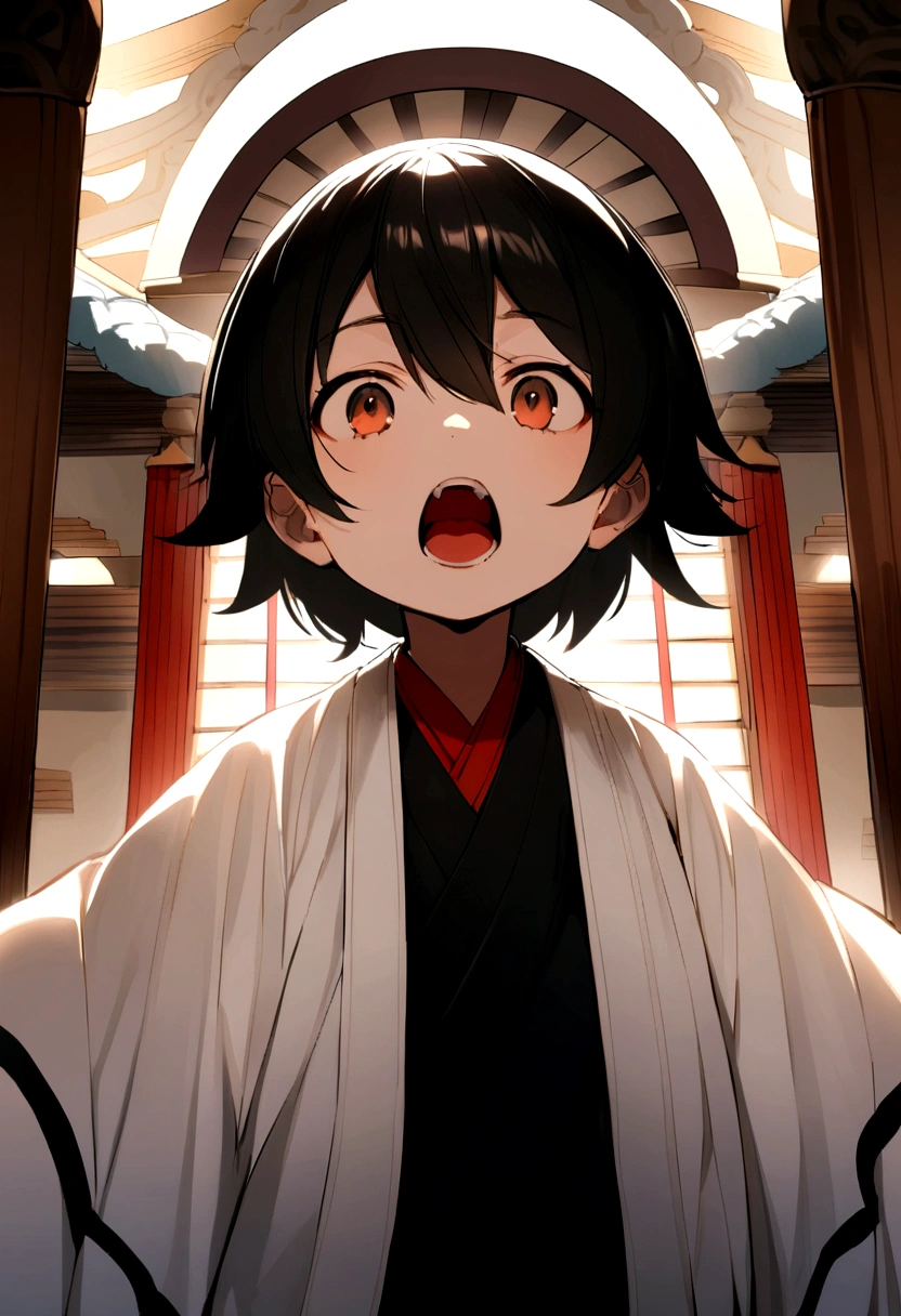 A ten-year-old boy with short black hair wearing a Taoist robe stood in the temple with his mouth wide open black eyes evil black spirits flying around him