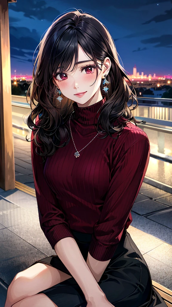 (masterpiece:1.3, Highest quality, Ultra-high resolution, Super detailed), (Realistic, photoRealistic:1.4), Beautiful illustrations, Perfect lighting, colorful, Depth of written boundary,
Beautiful detailed hair, Beautifully detailed face, Beautiful fine details, Beautiful clavicle, Beautiful body, 美しいLarge Breasts, Beautiful thighs, Beautiful feet, Beautiful fingers,
View Viewer、Front view:0.6, Beauty1人, Japanese, Beauty、30 years old, Perfect Face, (Perfect Anatomy, Anatomically correct), Cute and symmetrical face, Baby Face, , Shiny skin,
((burgundy turtleneck sweater:1.4)),((Long skirt 1.5))
(Black Hair, Medium Wavy Hair:1.4), Dark brown eyes, (Large Breasts), Slim body,
necklace, (Small earrings:1.3),
(Beautiful views), (night), (city, cityscape in the distance), Sitting on a bench, A soft smile、(Smile, Lips parted),