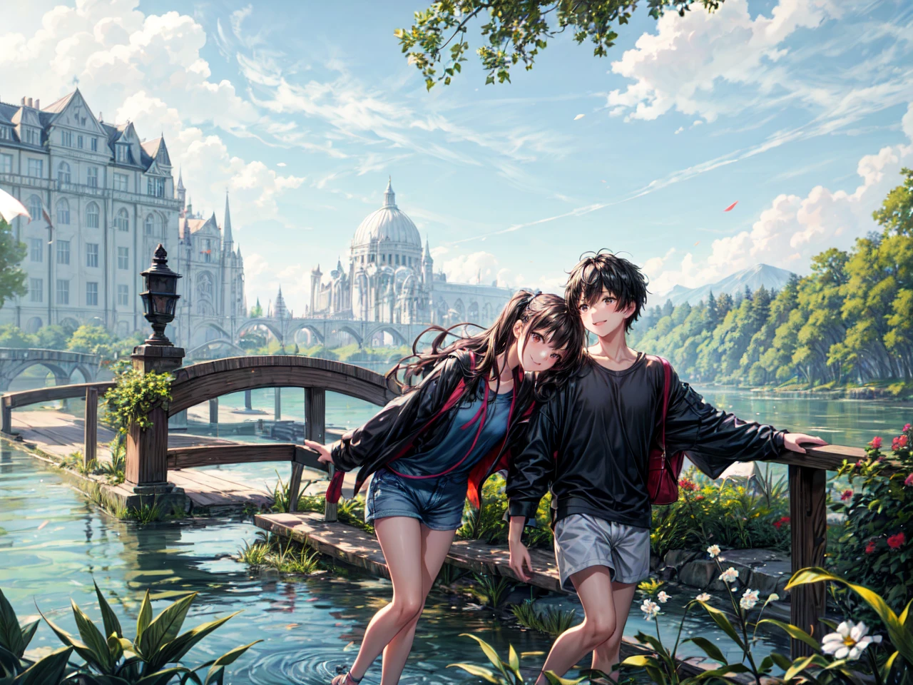 ((best quality)), ((masterpiece)), (detailed), perfect face,Create a charming, heartwarming scene of a cute girl and a cute boy walking hand-in-hand along a riverbank. The girl has long, wavy hair and is wearing a light, summery dress, while the boy has short, tousled hair and is dressed in a casual t-shirt and shorts. They are smiling and looking at each other affectionately. The river beside them is calm and clear, reflecting the blue sky above. The riverbank is lush with green grass, wildflowers, and a few scattered trees providing dappled shade. In the background, there are gentle hills and a bright, sunny sky with a few fluffy clouds. The overall mood of the image should be one of youthful joy, love, and the simple pleasures of a beautiful day outdoors.