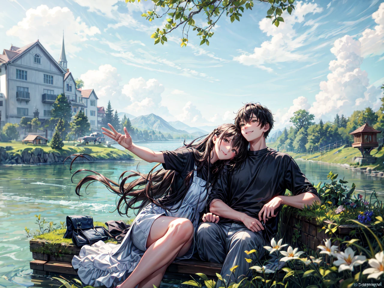 ((best quality)), ((masterpiece)), (detailed), perfect face,Create a charming, heartwarming scene of a cute girl and a cute boy walking hand-in-hand along a riverbank. The girl has long, wavy hair and is wearing a light, summery dress, while the boy has short, tousled hair and is dressed in a casual t-shirt and shorts. They are smiling and looking at each other affectionately. The river beside them is calm and clear, reflecting the blue sky above. The riverbank is lush with green grass, wildflowers, and a few scattered trees providing dappled shade. In the background, there are gentle hills and a bright, sunny sky with a few fluffy clouds. The overall mood of the image should be one of youthful joy, love, and the simple pleasures of a beautiful day outdoors.