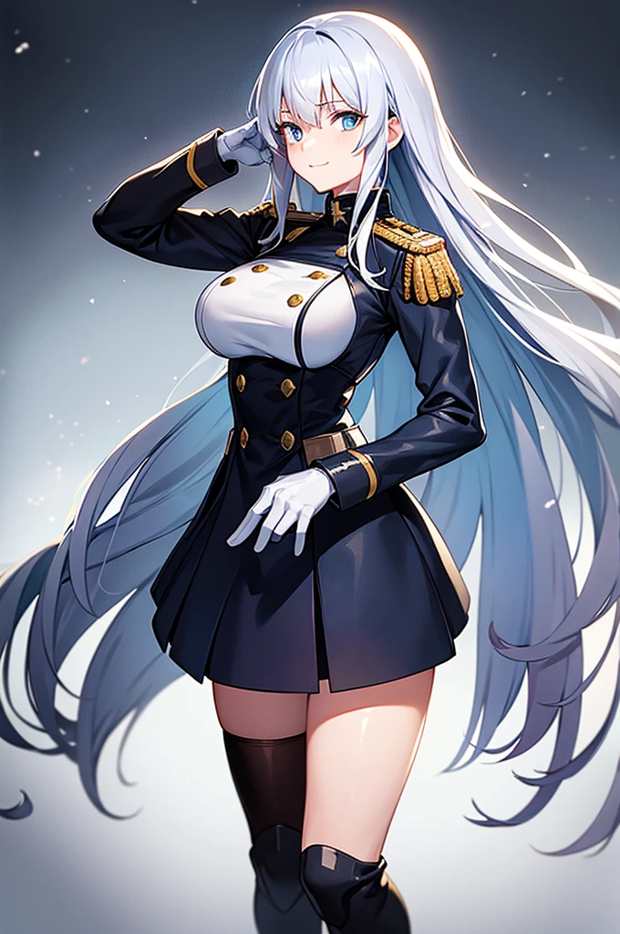 Content:
An anime woman in a military uniform. She has light blue eyes, white hair that ends halfway down her back, and knee-high military boots. She wears a confident smile, looking very mature, with her hands on her hips.

Medium:
Digital art, anime illustration.

Style:
Pixiv contest winner, fine art, with elements inspired by historical military aesthetics and anime character design.

Lighting:
Dramatic, with strong contrasts to highlight her authoritative presence and the details of her uniform. Subtle shadows to add depth and realism.

Colours:
A palette dominated by military greens, blacks, and silvers, with the light blue of her eyes and white of her hair standing out against the darker tones of her uniform.

Composition:
A full body shot with a 50mm lens. The background is a snowy scene, as if a blizzard is happening behind her. She salutes to the camera, showcasing her confidence and authority.