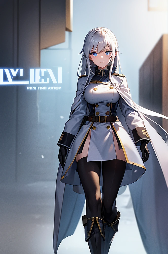 Content:
An anime woman in a military uniform. She has light blue eyes, white hair that ends halfway down her back, and knee-high military boots. She wears a confident smile, looking very mature, with her hands on her hips.

Medium:
Digital art, anime illustration.

Style:
Pixiv contest winner, fine art, with elements inspired by historical military aesthetics and anime character design.

Lighting:
Dramatic, with strong contrasts to highlight her authoritative presence and the details of her uniform. Subtle shadows to add depth and realism.

Colours:
A palette dominated by military greens, blacks, and silvers, with the light blue of her eyes and white of her hair standing out against the darker tones of her uniform.

Composition:
A full body shot with a 50mm lens. The background is a snowy scene, as if a blizzard is happening behind her. She salutes to the camera, showcasing her confidence and authority.