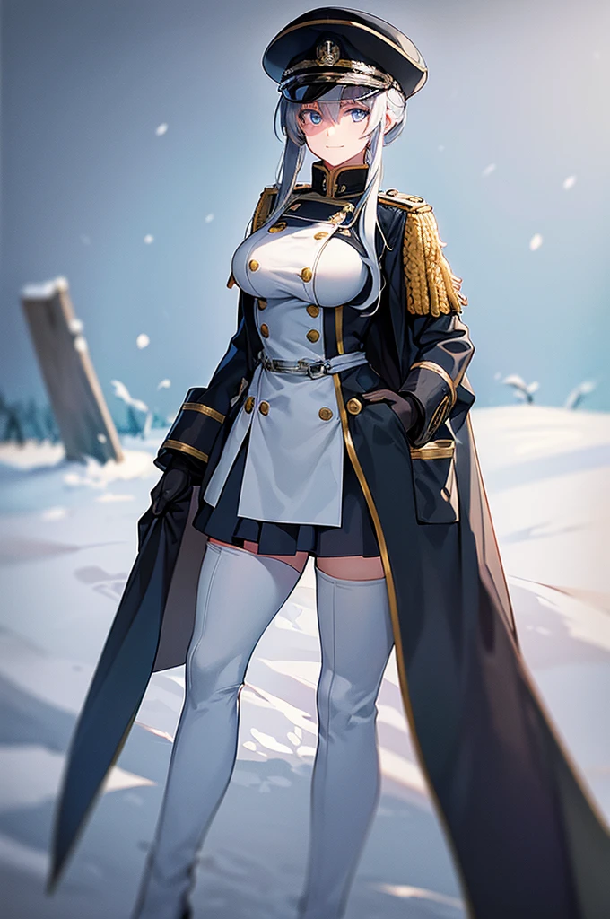 Content:
An anime woman in a military uniform. She has light blue eyes, white hair that ends halfway down her back, and knee-high military boots. She wears a confident smile, looking very mature, with her hands on her hips.

Medium:
Digital art, anime illustration.

Style:
Pixiv contest winner, fine art, with elements inspired by historical military aesthetics and anime character design.

Lighting:
Dramatic, with strong contrasts to highlight her authoritative presence and the details of her uniform. Subtle shadows to add depth and realism.

Colours:
A palette dominated by military greens, blacks, and silvers, with the light blue of her eyes and white of her hair standing out against the darker tones of her uniform.

Composition:
A full body shot with a 50mm lens. The background is a snowy scene, as if a blizzard is happening behind her. She salutes to the camera, showcasing her confidence and authority.