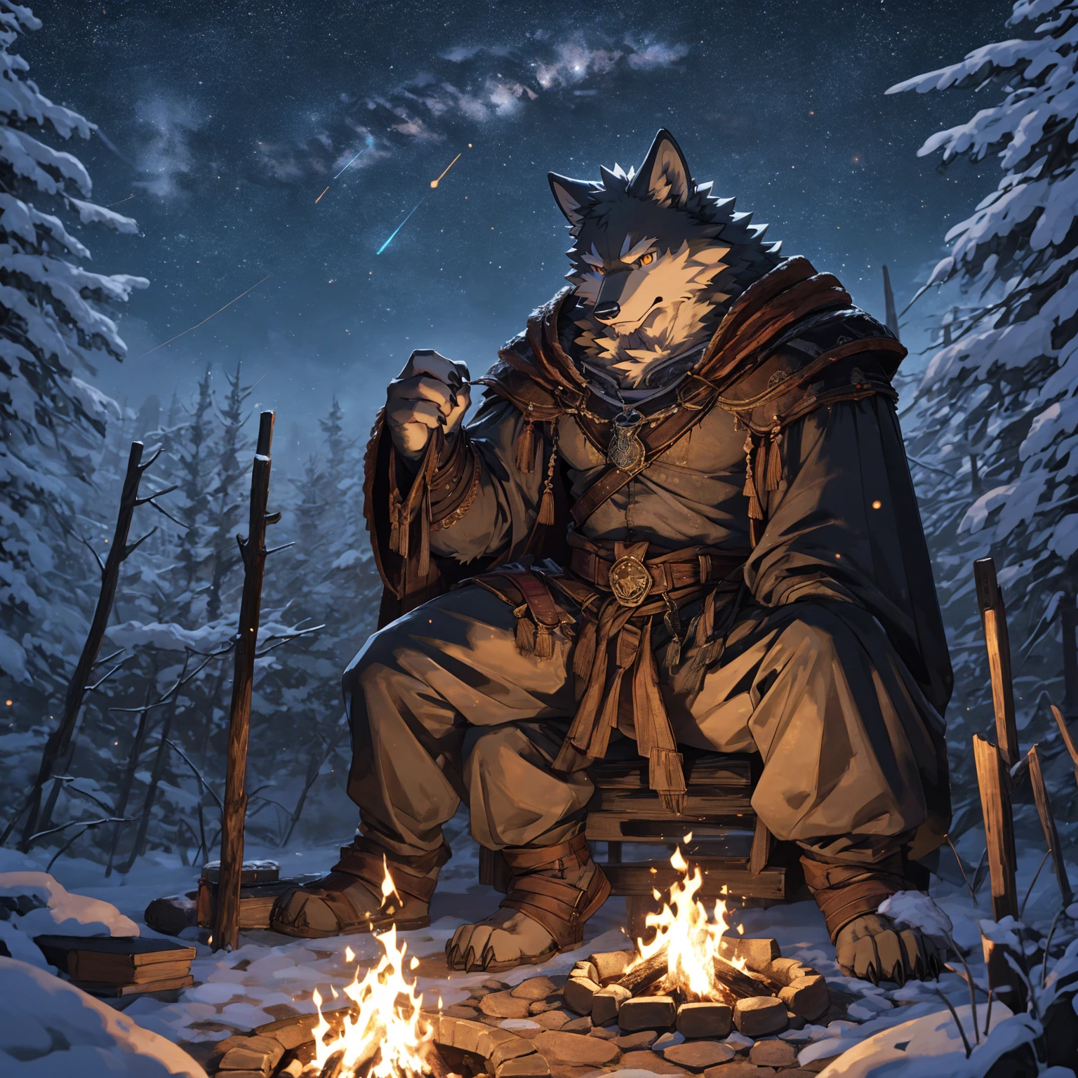 one, kemono, (wolf), anthro, male, ((orange and grey body)), fur, tail, muscles, handsome, outdoors, outside, dark, night, forest, campfire, camp, stars, sitting, toe claws, epic, depth of field, perfect lighting, (light particles),(best quality),(masterpiece),(ultra detailed),sharp focus, medieval age clothes, more skin showing.