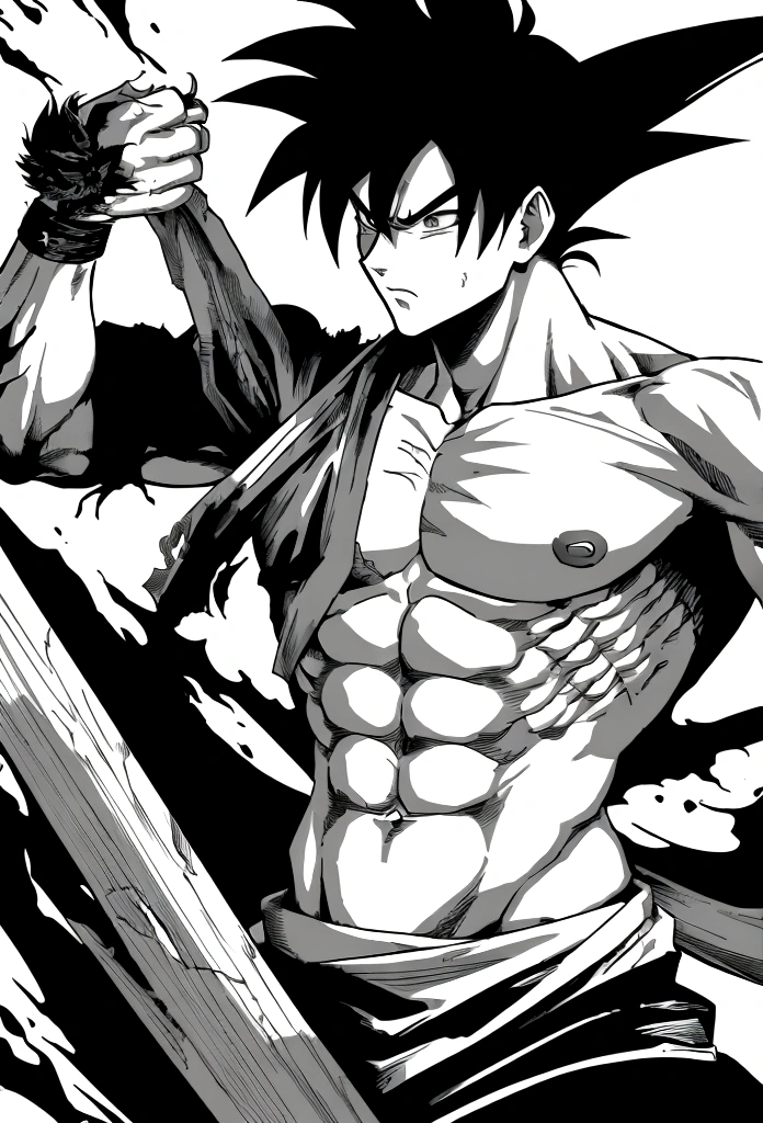 son goku, 1boy, closed mouth, male focus, muscular, muscular male, rock, sash, serious, solo, spiked hair, topless male, torn clothes, ultra instinct, black eyes, black hair, ((masterpiece)) DOOMGUY SUIT