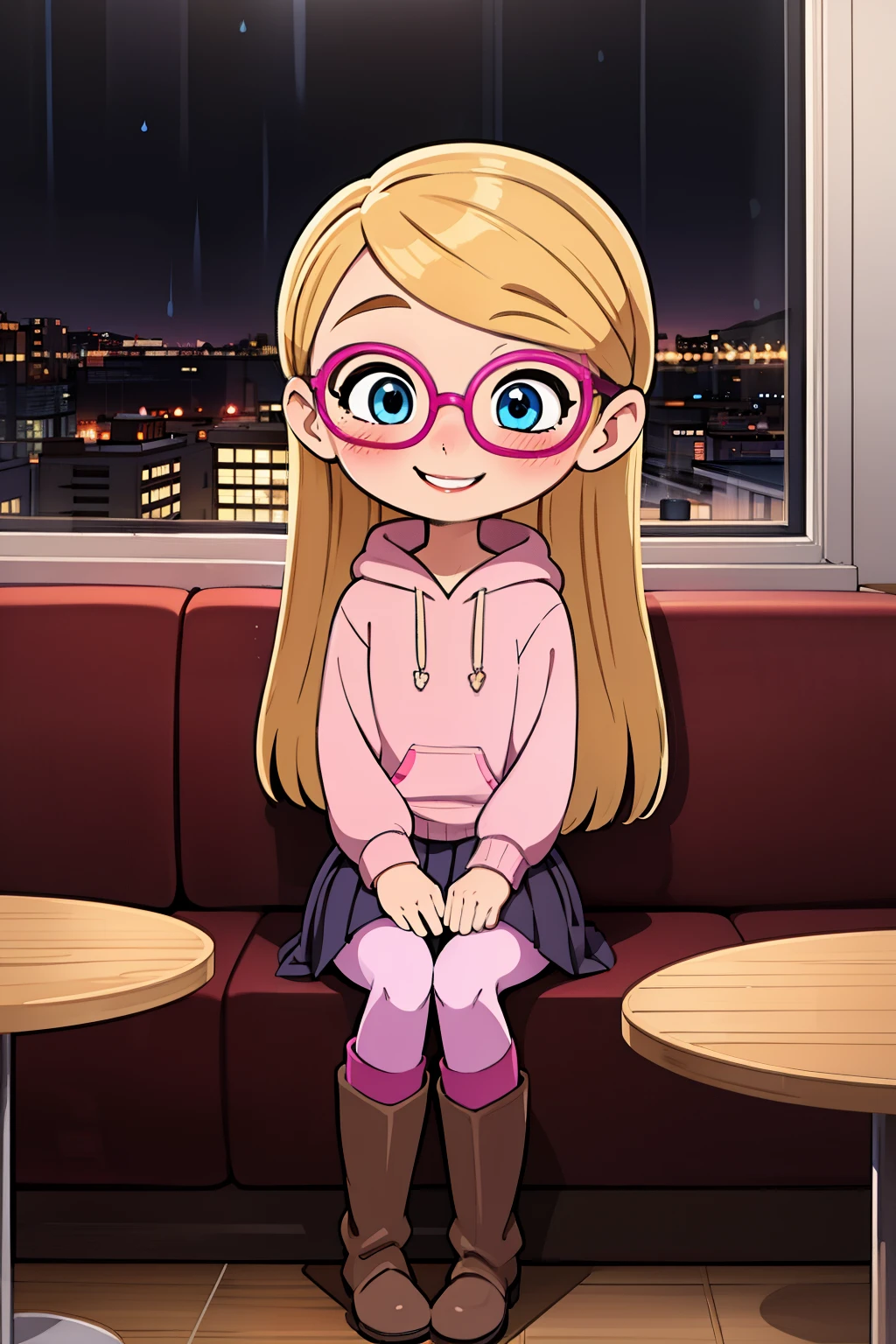 1girl, solo, 13-year-old, penny peterson, long hair, blonde hair, blue eyes, magenta glasses, bright pink hoodie, dark lavender pleated skirt,  loose skirt, white trimmings, burgundy leggings, pink wide heel boots, sitting at a booth, cityscape, inside, window, coffee shop, solo, table, sitting across, point of view, night time, rain, raindrops on window, blushing, smile, blushing smile,