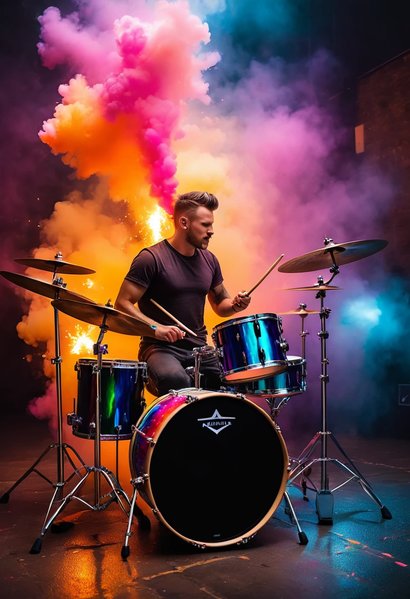 cyberpunk styled artist (drummer), (rockstar), (best image quality,4K,8k,HD,Meisterwerk:1.2),Super detailliert,(lebensecht,lebensecht,lebensecht:1.37)。Kreative Tapetengestaltung,extremely beautiful,Buntes Konfetti explodiert wie Feuerwerk,(((young drummer,Schlagzeug spielen,Buntes Konfetti spritzt aus dem Schlagzeug,Tanzen Sie zur Musikmelodie)))Energetische Bewegung,Dynamische und kraftvolle abstrakte Kunst,Bunt,Lebendige Regenbogenfarben,Cheerful and lively atmosphere,leuchtendes Orange,Rosa,Whimsical and dreamy,dunkler Hintergrund