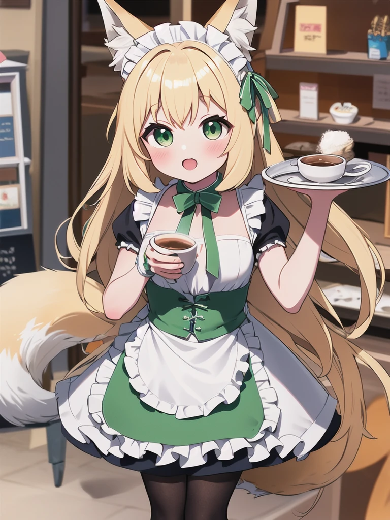 Highest quality, masterpiece,1 Girl,Blonde Hair, Big fox ears,Big fox tail, Green Eyes,Green maid apron,White ruffle skirt,Small breasts,Coffee shop,have_Silver round tray,Green round dish on a tray,,((Chibi))