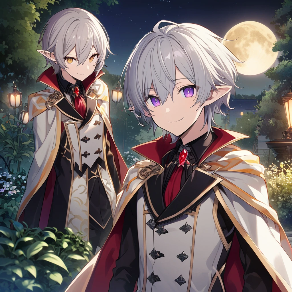 Aether \(AKB0048 Next Stage\), (short hair), (light gray hair), (bright eyes), (purple eyes):1.2, (Vampire), noble costume, smiling gently, cape, ((ultra-detailed)), ((illustration)), ((neat hair)), ((pointy ears)), (beautiful detailed eyes), (male), 1boy, ((garden, night, moon)), looking at viewer