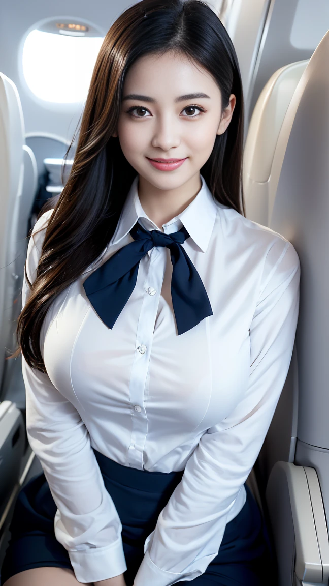 top-quality, ​masterpiece, 8K, 超A high resolution, (Photorealsitic:1.4), 1girl in、Beautiful face、symmetrical eye、Colossal tits、Perfect body proportion、Stewardess uniform、Look at viewers、(Inside the plane:1.2)、front-facing view、Shoulder、Absolute area(1.3)、A smile　erotic 