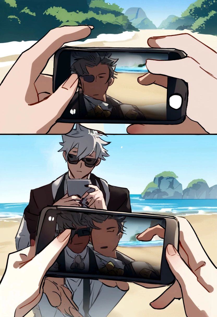 Arlechino (del juego de genshin impact) con Satoru Gojo (jujutsu kaisen) on a beach day taking a photo