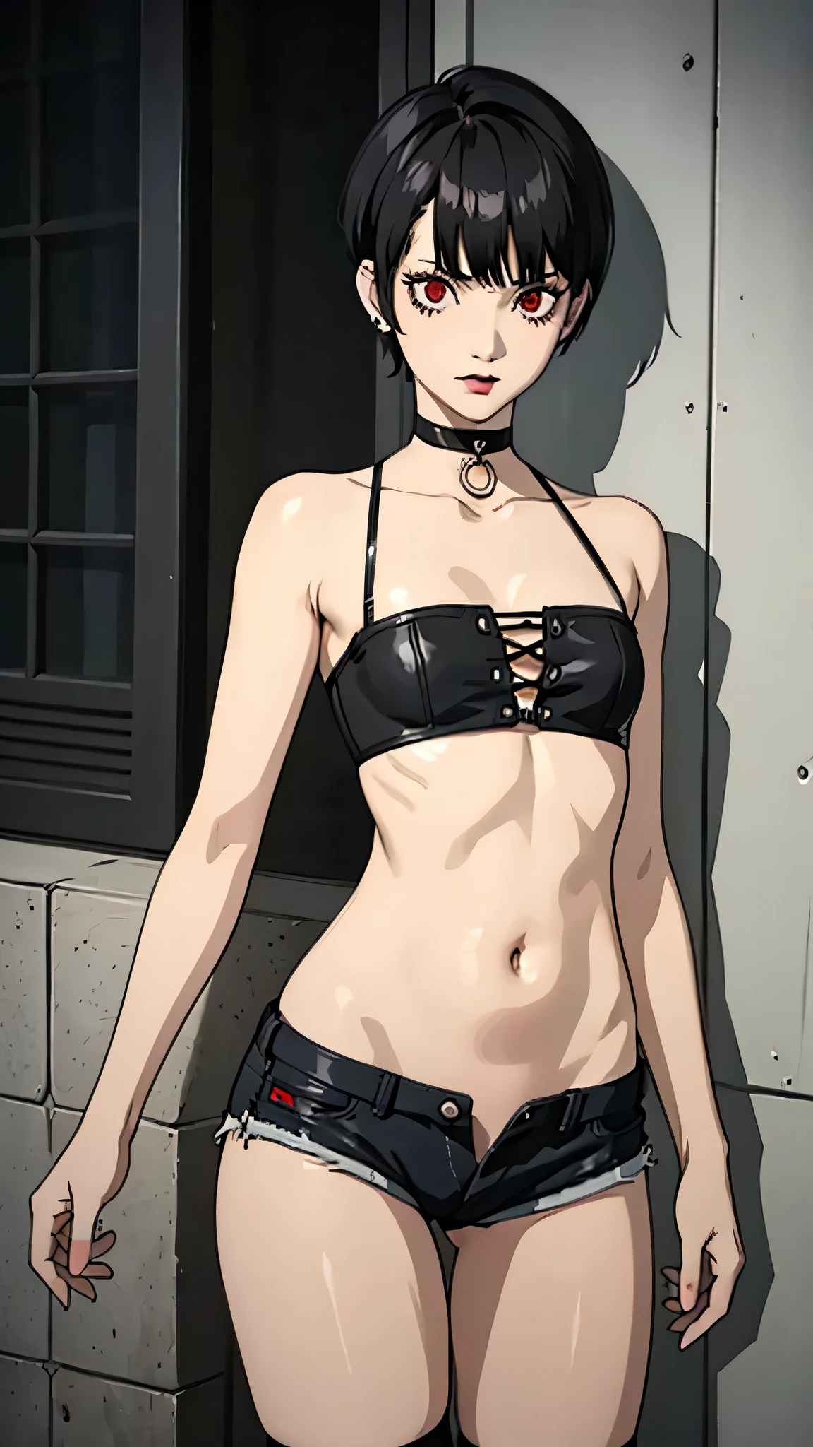 1girl, serious face, red eyes, tomboy Pixie haircut, very Short hair, black hair, black choker, white bandeau, belly, medium breast, extreme micro shorts, stockings, black lipstick, black lipstick ear piercings, cowboy shot