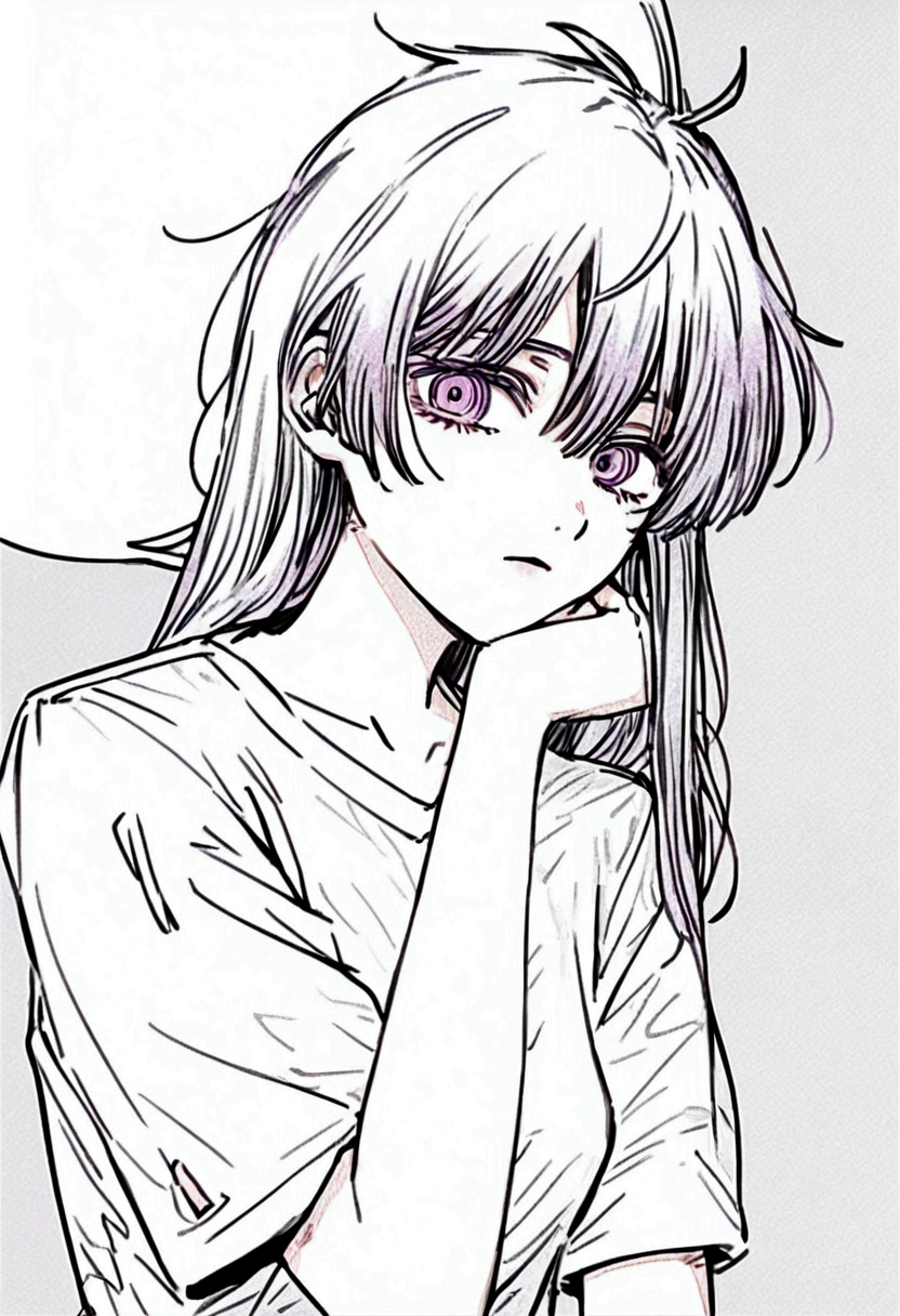 Anime girl with long hair and purple eyes drawn in the art style of the chainsaw man anime