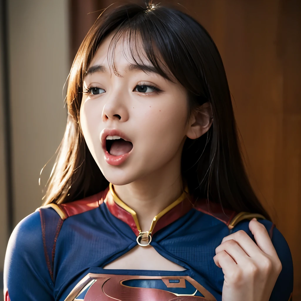 Supergirl、(Open your mouth wide:1.6)、Close ~ eyes、Lift your chin、(Lean forward:1.5)、sfw、