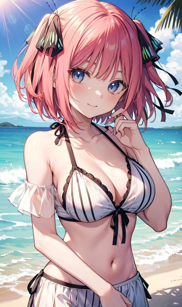 Nino Nakano is a character that appears in the anime "The Quintessential Quintuplets" 「The background is a sunny day at the sandy beach...」The eyes of this character are blue. My hairstyle is a bob cut with shockingpink color. This character is wearing a erfly hair accessory. Please focus on this character. This character has a very lovely smile.high Quality. .. masterpiece,best quality,ultra detailed, My breae is D cup. The background is a sunny day at the sandy beach. This character is wearing an off shoulder bikini. The off shoulder bikini has a pattern of white and black stripes.