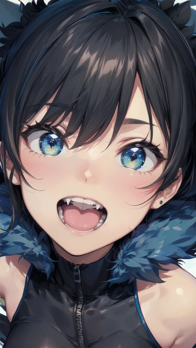 Close-up of a cartoon girl with blue hair and a yellow shirt, 2D Animation, 2D Animation style, 2D Art, 2D Art, 2D from Gorillaz, 2D from Gorillaz, 2D Gorillaz, Screaming Cerket, 2D Sprites, Jinx Face, short hair, Small breasts, hot pants, ((Black Hair, Bright blue fur inside:1.4))
