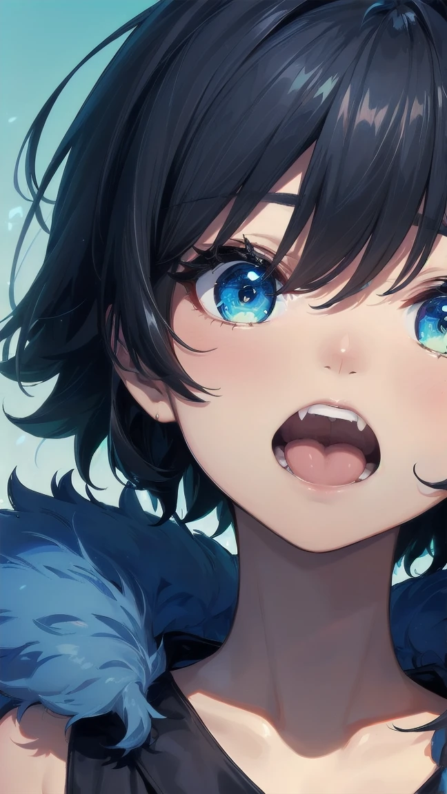Close-up of a cartoon girl with blue hair and a yellow shirt, 2D Animation, 2D Animation style, 2D Art, 2D Art, 2D from Gorillaz, 2D from Gorillaz, 2D Gorillaz, Screaming Cerket, 2D Sprites, Jinx Face, short hair, Small breasts, hot pants, ((Black Hair, Bright blue fur inside:1.4))