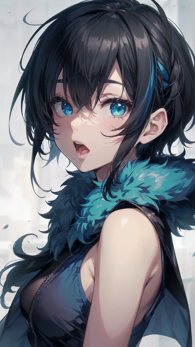 Close-up of a cartoon girl with blue hair and a yellow shirt, 2D Animation, 2D Animation style, 2D Art, 2D Art, 2D from Gorillaz, 2D from Gorillaz, 2D Gorillaz, Screaming Cerket, 2D Sprites, Jinx Face, short hair, hot pants, Small breasts, ((Black Hair, Bright blue fur inside:1.4))