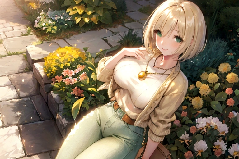 ((Fantasy　Beige Hair　Short Bob　White knit　green necklace　Large Breasts))　((garden　Bathed in light　splash　sun　Serene landscape))　(smile　Flowing hair　Open your eyes a little)　Denim pants　Small Bag　stylish　beauty