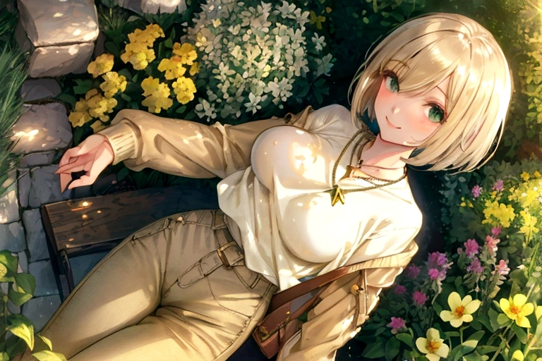 ((Fantasy Beige Hair Short Bob White knit green necklace Large Breasts)) ((garden Bathed in light splash sun Serene landscape)) (smile Flowing hair Open your eyes a little) Denim pants Small Bag stylish beauty