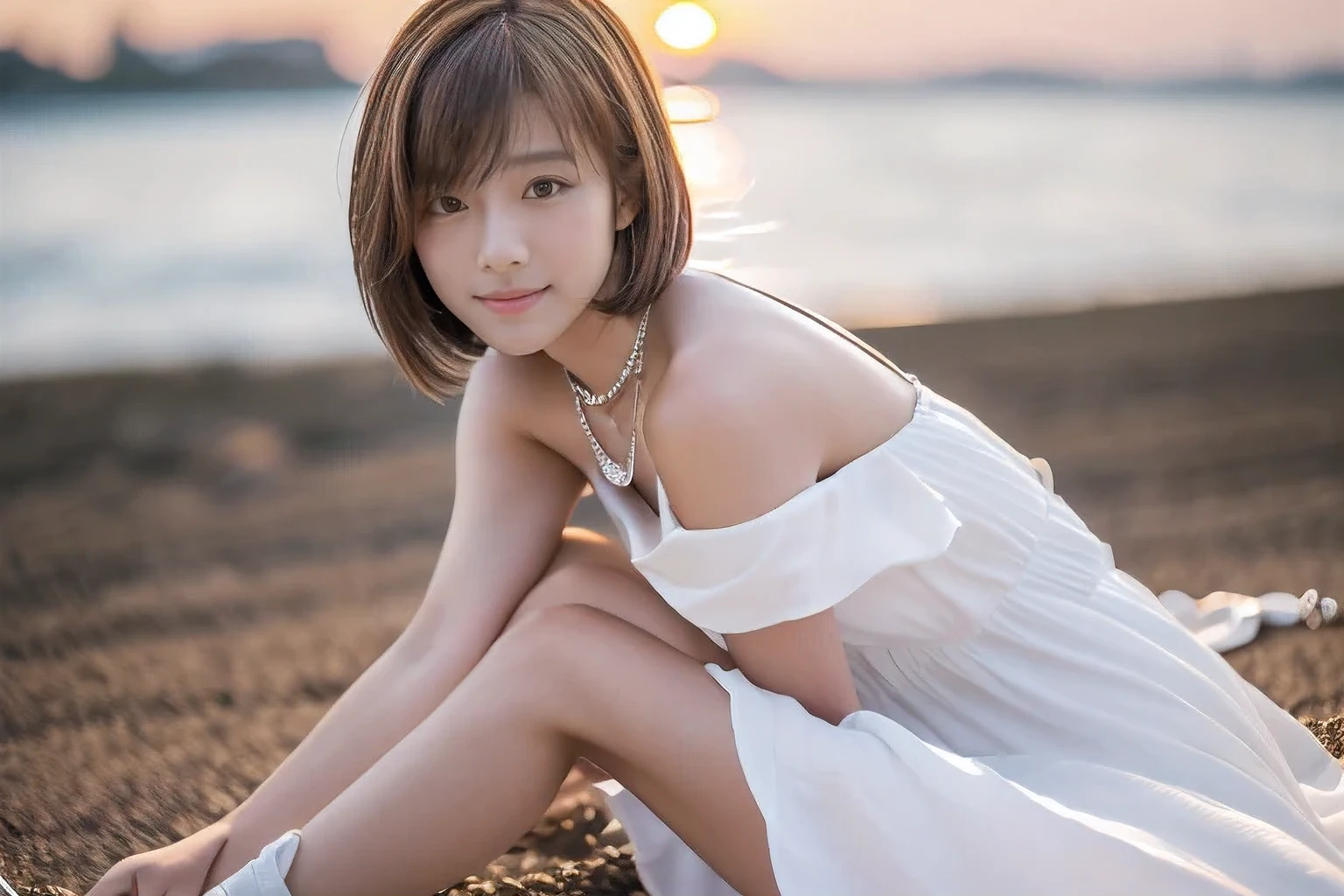 (Side view, not looking directly at the camera:1.5)、(Sitting on the beach with my knees hugged、Profile of a woman looking at the beautiful sunset over the sea、18-year-old female:1.5)、(The best quality at its best:1.4), (Super detailed), (Very detailed CG unified 16k), Beautiful woman with perfect figure: 1.4, Sharp focus: 1.2, Very detailed, High-quality RAW color photos, Professional photography, Great face and eyes, cosmetics, (Amazingly beautiful girl), ((Summer white dress:1.5)), Realistic movie faces, Full body long view from head to toe, Realistic, ((Realistic natural orange red hairstyle)), ( Short Bob Hair:1.5), (necklace:1.5)、, Very beautiful face, Perfect model beauty, Mouth swelling, Highly detailed face and skin texture, Fine grain, double eyelid, Medium chest, (masterpiece), Highest quality, High resolution, Very detailed, Blurred Background, Depth of written boundary, Cinema Lighting, Great legs, , Clear, well-maintained skin,((Full body shot from head to toe:1.5))