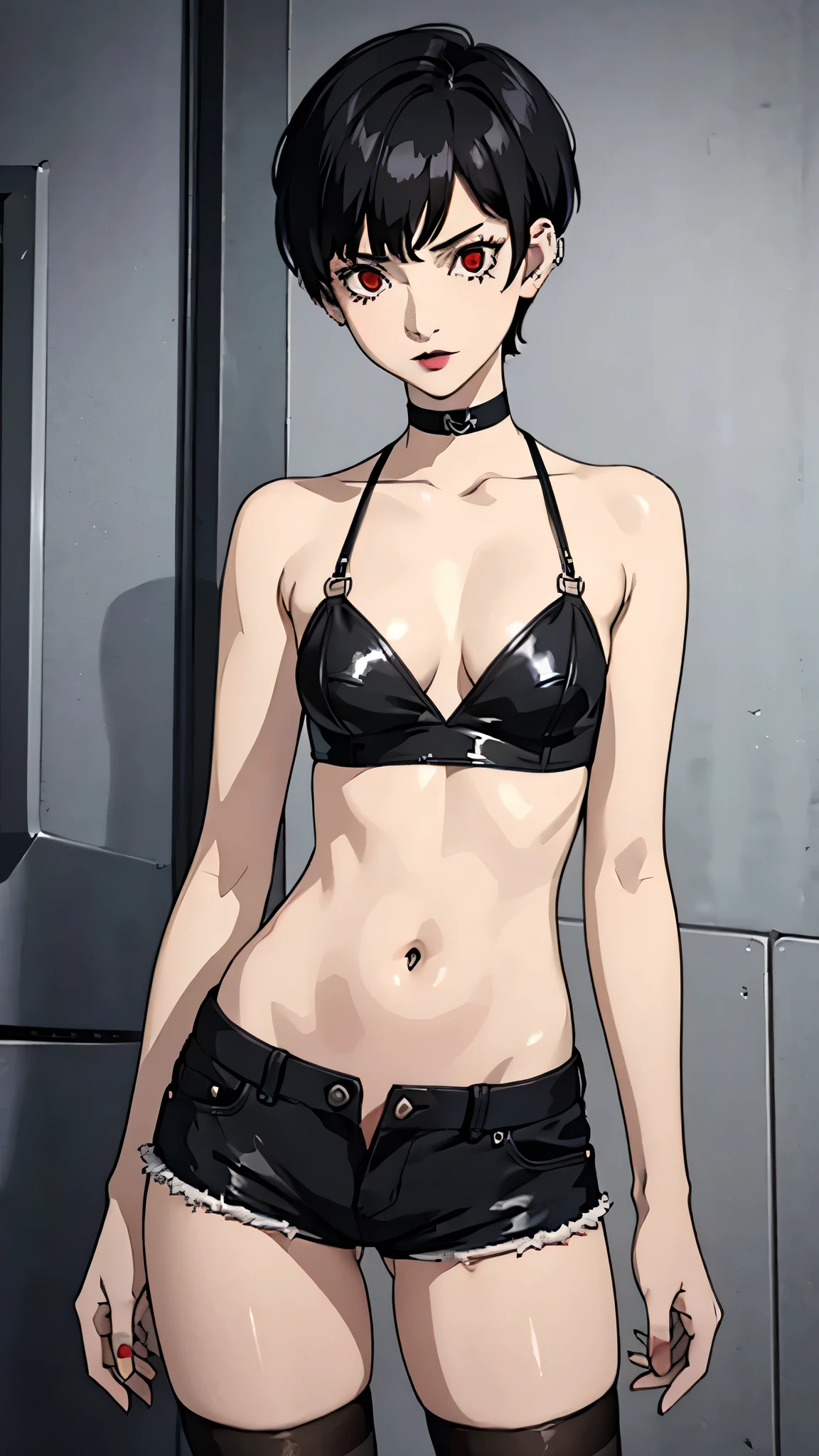 1girl, serious face, red eyes, tomboy Pixie haircut, very Short hair, black hair, black choker, white bandeau, belly, medium , extreme micro shorts, stockings, black lipstick, black lipstick ear piercings, cowboy shot