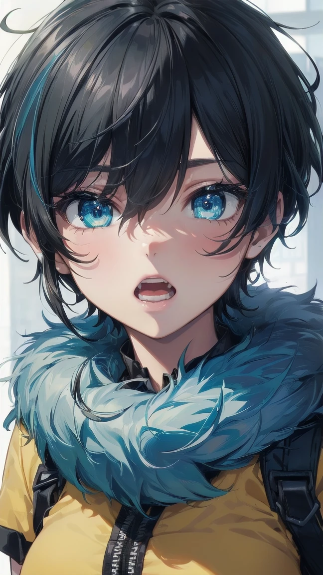 Close-up of a cartoon girl with blue hair and a yellow shirt, 2D Animation, 2D Animation style, 2D Art, 2D Art, 2D from Gorillaz, 2D from Gorillaz, 2D Gorillaz, Screaming Cerket, 2D Sprites, Jinx Face, short hair, Small , hot pants, ((Black Hair, Bright blue fur inside:1.4))