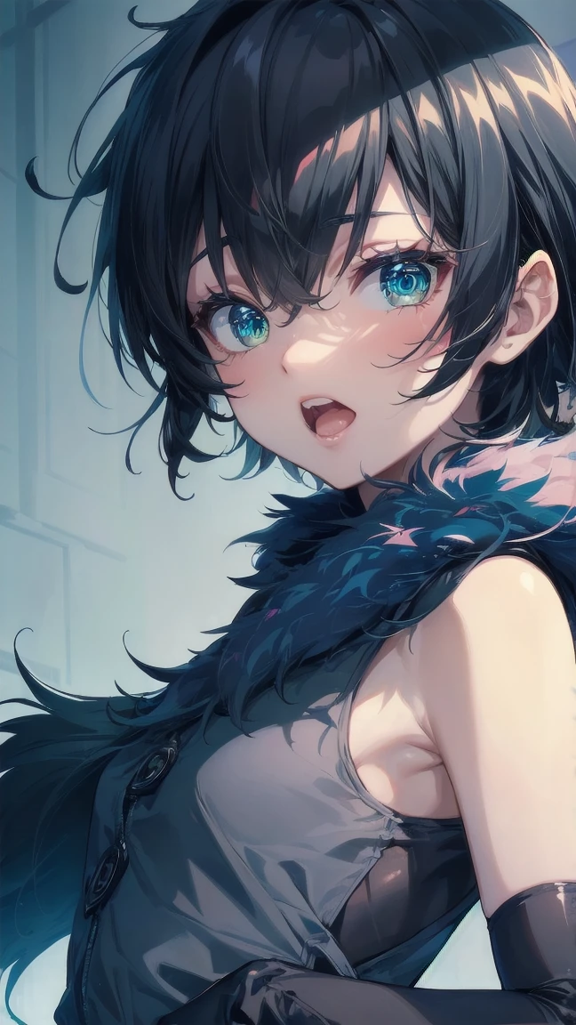 Close-up of a cartoon girl with blue hair and a yellow shirt, 2D Animation, 2D Animation style, 2D Art, 2D Art, 2D from Gorillaz, 2D from Gorillaz, 2D Gorillaz, Screaming Cerket, 2D Sprites, Jinx Face, short hair, Small breasts, hot pants, ((Black Hair, Bright blue fur inside:1.4))