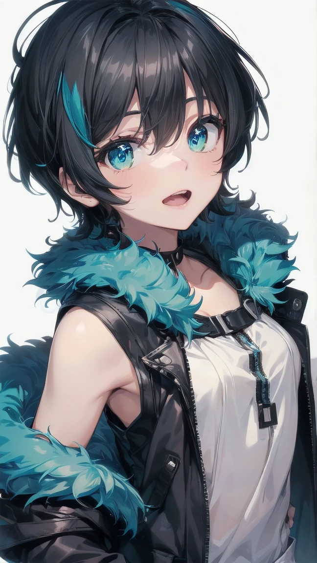 Close-up of a cartoon girl with blue hair and a yellow shirt, 2D Animation, 2D Animation style, 2D Art, 2D Art, 2D from Gorillaz, 2D from Gorillaz, 2D Gorillaz, Screaming Cerket, 2D Sprites, Jinx Face, short hair, Small breasts, hot pants, ((Black Hair, Bright blue fur inside:1.4))