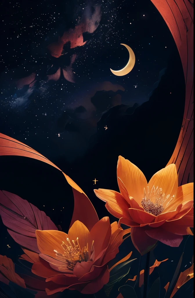 a bouquet of flowers with a crescent and stars on a black background, glowing flowers, 🌺 cgsociety, flowers and gold, floral sunset, night sky full of flowers, magical flowers, floral growth, celestial red flowers vibe, floral!, jen bartel, floral environment, nature and floral aesthetics, floral! intricate, gilded. floral, luminous flowers, #pixelart, # pixelart