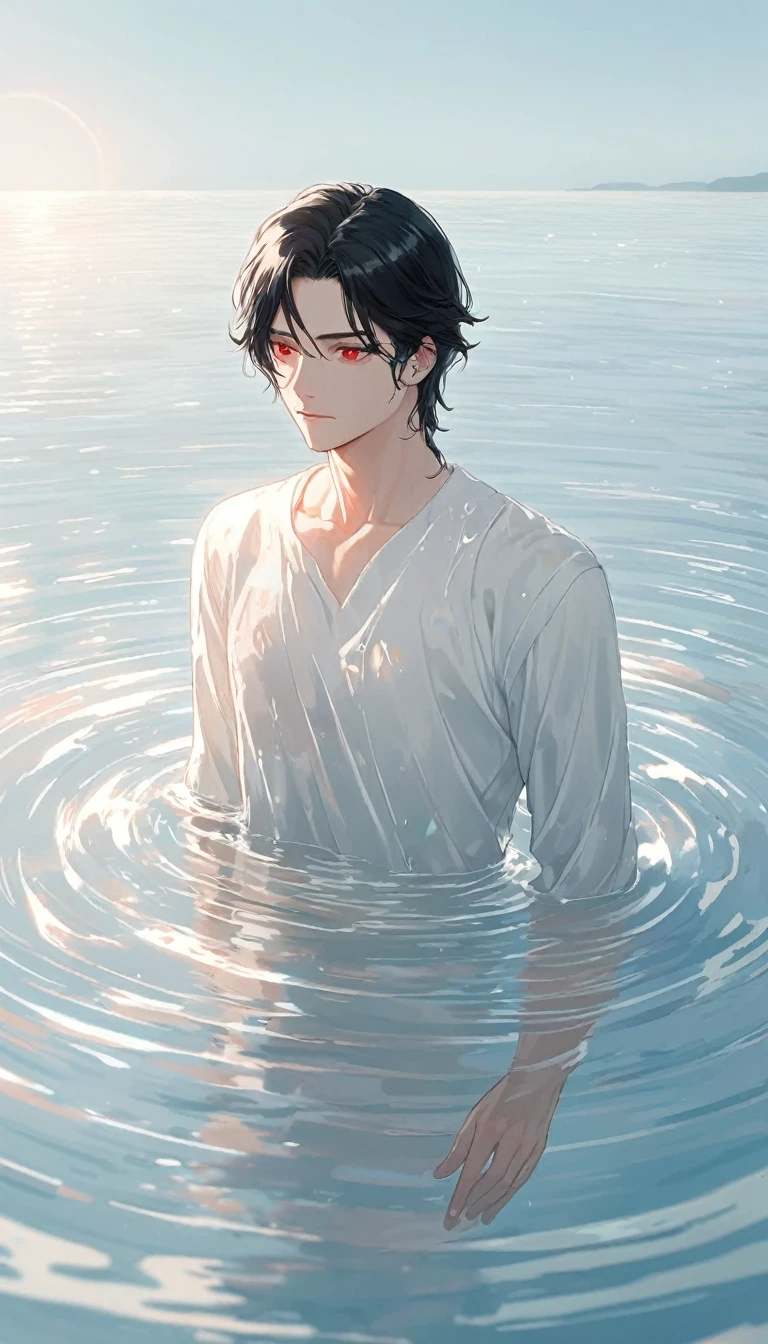 Anime-style male character in water, (long black hair:1.2), (gentle expression:1.1), red eyes, white noble outfit, (rippling water effect around body:1.3), sunlight reflecting on water, clear sky, subtle water splashes, high-resolution digital art, soft color palette, tranquil atmosphere, (serene ocean background:1.1), realistic water texture
