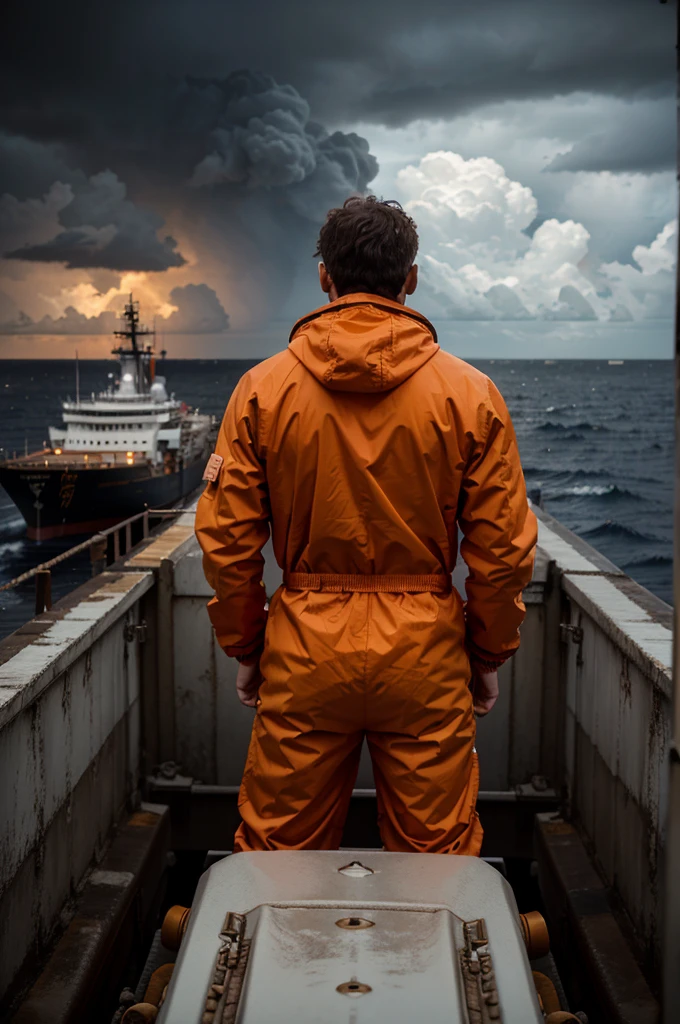 a man standing on a ship, facing bad weather and heavy the storm brewing infront of him. On the back of his orange boiler suit a name is written  the name 'Anglo Eastern'."
And he is facing the sea