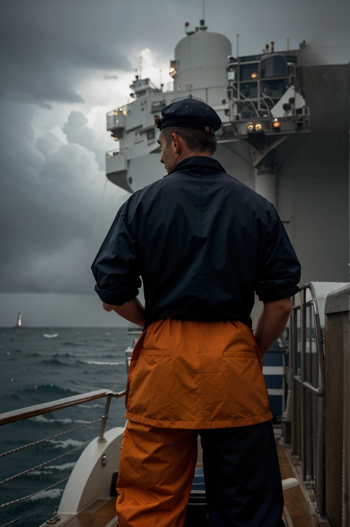 a man standing on a ship, facing bad weather and heavy the storm brewing infront of him. On the back of his orange boiler suit a name is written  the name 'Anglo Eastern'."
And he is facing the sea