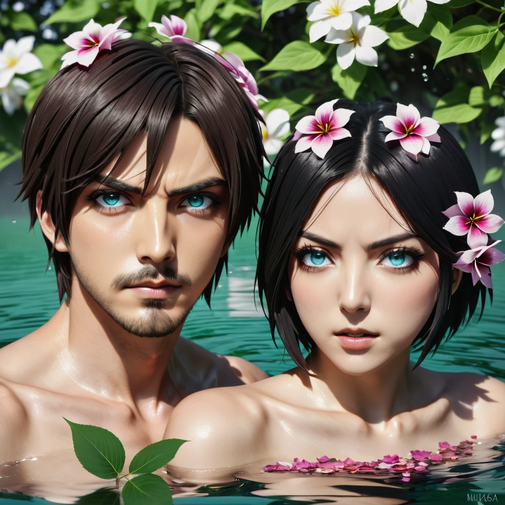 Ultra detailed, highres, absurdres, HDR, Eren Jeager, turquoise eyes, brown hair, Mikasa Ackerman, black hair, grey eyes, Shingeki No Kyojin, flowers, petals, green leaves, water, 1 man together with 1 woman as a couple, handsome, very detailed face and eyes,