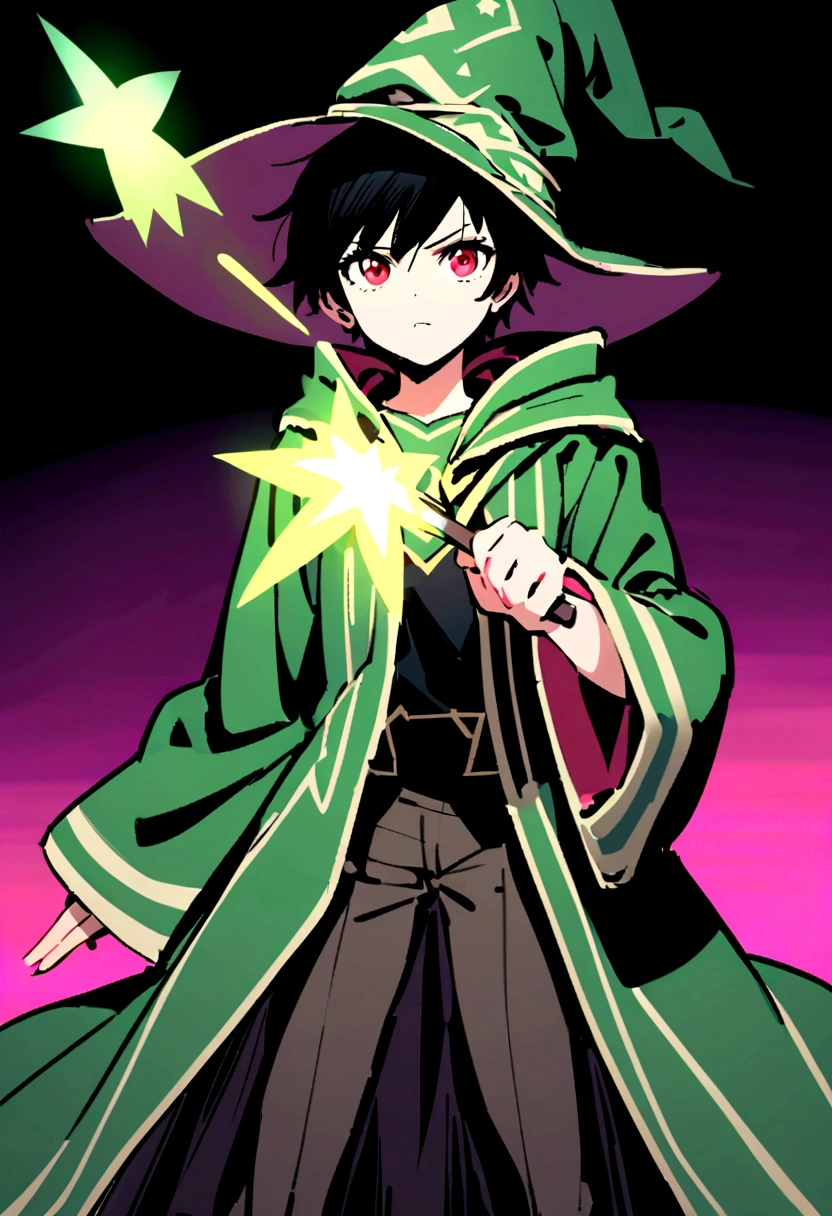 a magical girl with healing powers, red eyes, short black hair like a boy, wearing a black and green magical academic uniform with a wizard's hat and a large wand in her hand, wearing a cool black magic robe with green patterns, wear pants, short hair like a boy, tomboyish, sadistic