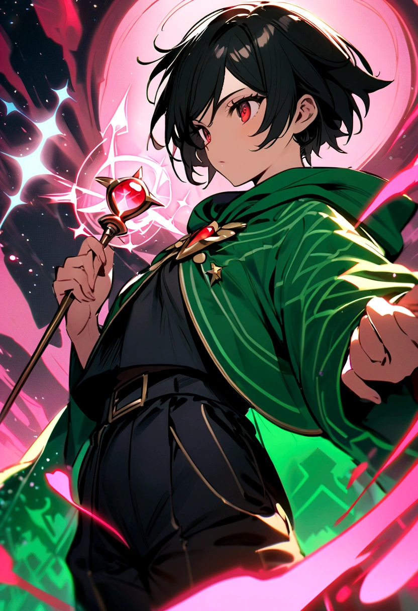 a magical girl with healing powers, red eyes, short black hair like a boy, wearing a black and green magical academic uniform with a wizard's hat and a large wand in her hand, wearing a cool black magic robe with green patterns, wear pants, short hair like a boy, tomboyish, sadistic