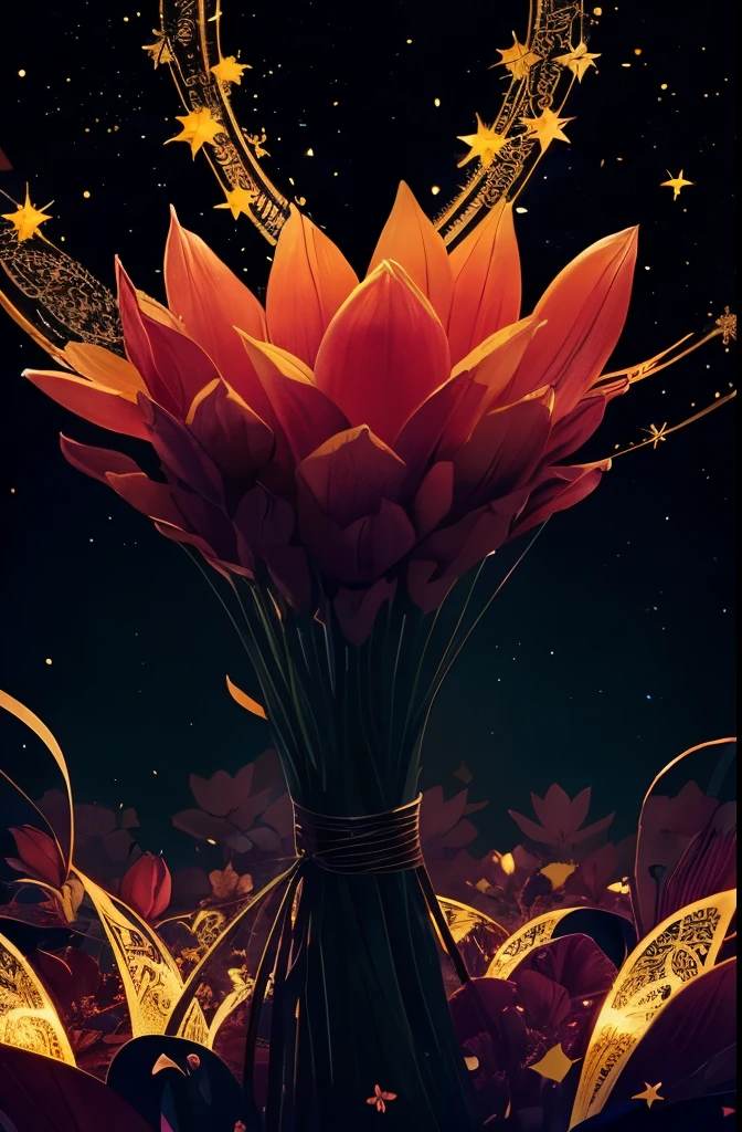 a bouquet of flowers with a crescent and stars on a black background, glowing flowers, 🌺 cgsociety, flowers and gold, floral sunset, night sky full of flowers, magical flowers, floral growth, celestial red flowers vibe, floral!, jen bartel, floral environment, nature and floral aesthetics, floral! intricate, gilded. floral, luminous flowers, #pixelart, # pixelart